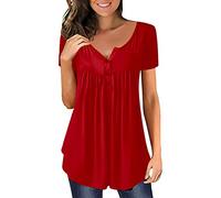 T-Shirt Damen V-Ausschnitt - Bluse Damen Elegant - Tunika Damen Sommer Oberteile Knopfleiste Solide Große Größen Lässig Locker Kurzarm Tshirt Longshirt Tops Longbluse Blusen & Tuniken für Damen