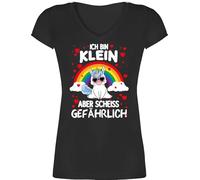 T-Shirt Damen V Ausschnitt - Einhörner - Ich Bin klein Aber Scheiss gefährlich mit Einhorn - S - Schwarz - Funshirt einhörnern Herz t-Shirts Fun-t-Shirts Unicorns Herzen Tshirt