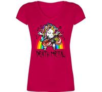 T-Shirt Damen V Ausschnitt - Heavy Musik Hard Rock - Death Metal Einhorn - Unicorn - L - Fuchsia - Metalhead Band Shirt Fans Tshirt Shirts Tshirts t-Shirts t-Short v-Ausschnitt Kurzarm Frauen t Frau