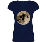 T-Shirt Damen V Ausschnitt - Hexe Halloween Hexen auf Besen Vollmond Katze Witch Mond - XS - Dunkelblau - grusel Tshirt Haloween Outfits Fliegende Shirt sexy halowen Bild t-Shirts t Helloween
