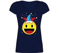 T-Shirt Damen V Ausschnitt - & - Karneval Emoticon Konfetti I Karneval Smile I Happy Face Fasching - XL - Dunkelblau - faschingsshirt karnevalsshirts Faschings Party Coole-Fun-t-Shirts Tshirt