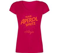 T-Shirt Damen V Ausschnitt - Karneval Kostüm Fasching - Team Aperol Spritz mit Name I Mädelsabend JGA Mallorca Mädelsausflug - L - Fuchsia - Karnevals personalisierte Tshirt Faschings Shirt