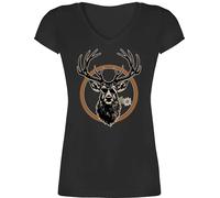 T-Shirt Damen V Ausschnitt - Kompatibel mit Oktoberfest - Cooler Hirsch Hirschgeweih Jäger - XS - Schwarz - trachtenshirt Trachten-Tshirt bayrische hirsche Tshirt Trachten Oberteil trachtenshirts