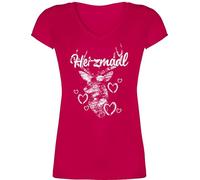 T-Shirt Damen V Ausschnitt - Kompatibel mit Oktoberfest - Herzmadl Hirsch - XS - Fuchsia - trachtenshirt Trachten-Tshirt bayrische geweih Shirts Oktoberfest-t-Shirt tailliertes Trachten Tshirt