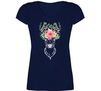 T-Shirt Damen V Ausschnitt - Kompatibel mit Oktoberfest - Hirsch Blumengeweih Hirschgeweih Geweih - XS - Dunkelblau - trachtenshirt Trachten-Tshirt bayrische Blumen Tshirt Dirndl Shirt