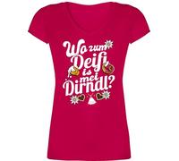 T-Shirt Damen V Ausschnitt - Kompatibel mit Oktoberfest - Wo zum Deifi is MEI Dirndl - Bier und Brezel - weiß - XL - Fuchsia - Trachten Oberteil trachtenshirt bayrische edelweiß Shirts