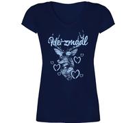 T-Shirt Damen V Ausschnitt - Kompatibel Oktoberfest - Herzmadl mit Hirsch und Herzen - hellblau - XS - Dunkelblau - trachtenshirt Trachten-Tshirt bayrische Tshirt trachtenshirts bayrisch Shirt