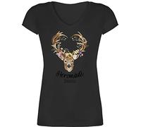T-Shirt Damen V Ausschnitt - Kompatibel Oktoberfest - Herzmädl Hirsch Geweih Hirschgeweih MADL - XS - Schwarz - Tshirt trachtenshirt Trachten Name Shirt bayrisches Outfit Tracht Herz Tshirts