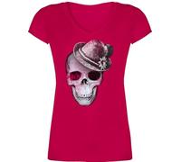 T-Shirt Damen V Ausschnitt - Kompatibel Oktoberfest - Totenkopf mit Filzhut - 3XL - Fuchsia - mädchen trachtenshirt Trachten-Tshirt bayrische Skull Tshirt Shirt trachtenshirts bayrisch bayernhut