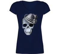 T-Shirt Damen V Ausschnitt - Kompatibel Oktoberfest - Totenkopf mit Filzhut - XL - Dunkelblau - mädchen trachtenshirt Trachten-Tshirt bayrische Skull Tshirt Shirt trachtenshirts bayrisch bayernhut