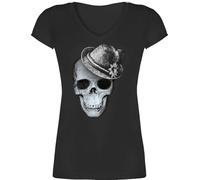 T-Shirt Damen V Ausschnitt - Kompatibel Oktoberfest - Totenkopf mit Filzhut - XXL - Schwarz - mädchen trachtenshirt Trachten-Tshirt bayrische Skull Tshirt Shirt trachtenshirts bayrisch bayernhut
