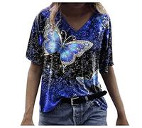 T Shirt Damen V Ausschnitt Kurzarm, Sommer Oberteile Damen Große Größen Locker Tunika Elegant Bluse mit Schmetterling Druck Kurzarmshirt Hemd Mode Vintage Tee Top T-Shirts Blusen & Tuniken für Frauen