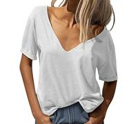 T Shirt Damen V Ausschnitt - Oberteile Damen Sommer Lose Bluse Kurzarm Sexy Einfarbig Tunika Top Basic Tshirt Leicht Luftig Bequeme Schwarze T-Shirts
