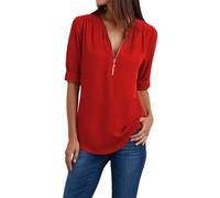 T Shirt Damen V Ausschnitt Oberteile mit Reißverschluss 3/4 Arm Shirt Fitness Sportshirt Elegant Longshirt Unifarben Tshirt Sportshirt Casual Top Langarmshirt Damen Kleider Sale