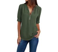 T Shirt Damen V Ausschnitt Oberteile mit Reißverschluss 3/4 Arm Shirt Fitness Sportshirt Elegant Longshirt Unifarben Tshirt Sportshirt Casual Top Langarmshirt 1 Euro Artikel