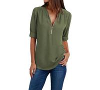 T Shirt Damen V Ausschnitt Oberteile mit Reißverschluss 3/4 Arm Shirt Fitness Sportshirt Elegant Longshirt Unifarben Tshirt Sportshirt Casual Top Langarmshirt damenmantel Winter lang elegant Sale