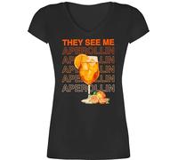 T-Shirt Damen V Ausschnitt - Party & Alkohol - They See me Aperollin | Aperol Spritz | Holy Aperoli | Geschenk Aperolfan | Mädelsabend | Aperol Malle - L - Schwarz - Mallorca Shirt Sauf-Shirts Sauf