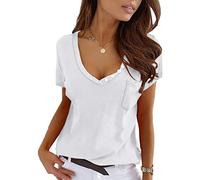 T-Shirt Damen V-Ausschnitt - Sommer Oberteile Kurzarm Sexy Bluse mit Brusttasche Knopfdekoration Tiefes V Tunika Große Größen Lässig Locker Kurzarmshirt Tee Tops T-Shirts Blusen & Tuniken für Damen