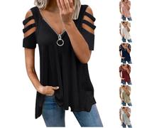 T Shirt Damen V Ausschnitt Top Sexy mit Halber Reißverschluss Oberteile Stilvolle Trägerlos T-Shirts Einfarbig Weste Kleid Sommershirts Tshirt Pullover Damen Sale