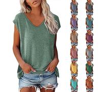 T Shirt Damen V Ausschnitt - Tshirt Damen Sommer Oberteile -Bluse Damen Elegant Ärmelloses T-Shirt mit Flügelärmeln Tank Top Solide Lässig Locker Klamotten T-Shirts für Frauen Teenager Mädchen