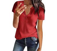 T Shirt Damen V Ausschnitt - Waffel Stricktop Damen Sommer -Oberteile Damen Elegant Kurzarm Lässig Locker Henley Shirt Bluse Einfarbig Strick Top Tunika Basic Tee T-Shirts für Frauen
