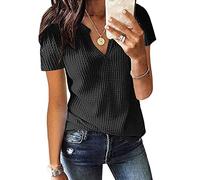 T Shirt Damen V Ausschnitt - Waffel Stricktop Damen Sommer -Oberteile Damen Elegant Kurzarm Lässig Locker Henley Shirt Bluse Einfarbig Strick Top Tunika Basic Tee T-Shirts für Frauen