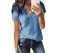 T Shirt Damen V Ausschnitt - Waffel Stricktop Damen Sommer -Oberteile Damen Elegant Kurzarm Lässig Locker Henley Shirt Bluse Einfarbig Strick Top Tunika Basic Tee T-Shirts für Frauen
