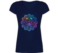 T-Shirt Damen V Ausschnitt - Yoga - Lotusblume Lotus Meditation Entspannung Spirituelle Mandala Pilates - L - Dunkelblau - Spiritual Shirt Yoga-Shirt Joga spirituell Tshirt Kleidung