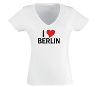 T-Shirt Damen weiß - M - V-Ausschnitt mit - Stadt - i Love Berlin - lustig witzige Motive - Name Herz - Fasching Party Fun Sport - lustige Tshirts für Frauen