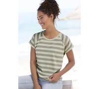 T-Shirt ELBSAND "Calisa", Damen, Gr. L (40), grün (pastellgrün, grau), Jersey, Obermaterial: 50% Baumwolle, 50% Polyester, gestreift, figurumspielend hüftlang, Rundhals, Raglanärmel, Shirts T-Shirt, m