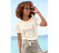 T-Shirt ELBSAND, Damen, Gr. XL (42), beige (creme), Jersey, Obermaterial: 50% Baumwolle, 50% Polyester, unifarben, casual, figurumspielend hüftlang, Rundhals, Kurzarm, Shirts, mit Logodruck vorne (179