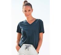 T-Shirt ELBSAND "Talvi" Gr. L (40), blau (marine meliert) Damen Shirts V-Shirts mit Flockprint und V-Ausschnitt, Kurzarmshirt aus Baumwoll-Mix (31644738-L) marine meliert