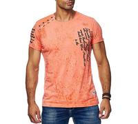 T-Shirt Front Pint Rundhals mit Seitlicher Knopfleiste 'Rusty Neal' Oxid Wash Kurzarm Shirt Verwaschen Stretch S - 3XL 195, Farbe:Orange, Größe:XL