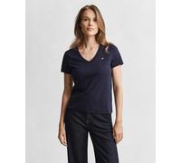 T-Shirt GANT "REG SHIELD KA V-NECK T-SHIRT", Damen, Gr. L, blau (evening blau), Jersey, Obermaterial: 100% Baumwolle, unifarben, Basic, regular fit hüftlang, V-Ausschnitt, abgesteppt, Shirts T-Shirt,