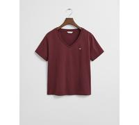 T-Shirt GANT "REG SHIELD KA V-NECK T-SHIRT", Damen, Gr. L, grau (plum wine), Jersey, Obermaterial: 100% Baumwolle, Basic, regular fit hüftlang, V-Ausschnitt, abgesteppt, Shirts T-Shirt, mit einer klei