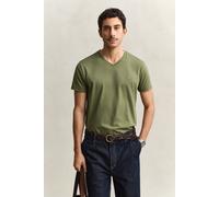 T-Shirt GANT "SLIM SHIELD V-NECK T-SHIRT", Herren, Gr. L, dry herb grün, Jersey, Obermaterial: 100% Baumwolle, Basic, slim fit hüftbedeckend, V-Ausschnitt, abgesteppte Kante, Shirts T-Shirt, mit einer