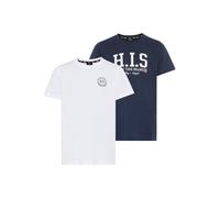 T-Shirt H.I.S "2er Pack T-Shirts mit Logodrucken für Jungen", Jungen, Gr. 140/146, bunt (marine, weiß), Single Jersey, Obermaterial: 100% Baumwolle, bedruckt, Basic, Rundhals, Shirts T-Shirt, Basic Sc