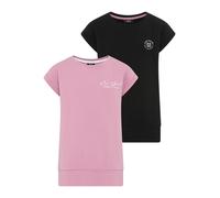 T-Shirt H.I.S "2er Packung T-Shirts", Mädchen, Gr. 152/158, schwarz (schwarz, rosa), Jersey, Obermaterial: 95% Baumwolle, 5% Elasthan, bedruckt, Basic hüftlang, Rundhals, angeschnitten Aufschlag, Shir
