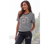 T-Shirt H.I.S, Damen, Gr. 32/34, schwarz (schwarz gestreift), Web, Obermaterial: 100% Baumwolle, gestreift, figurumspielend hüftlang, Rundhals, normaler Saum, Shirts T-Shirt, gestreift mit Print, Loun
