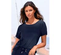 T-Shirt H.I.S, Damen, Gr. 36/38, blau (navy), Interlock, Obermaterial: 95% Baumwolle, 5% Elasthan, unifarben, Basic, bequem hüftlang, Rundhals, Umschlagsaum, Shirts T-Shirt, mit Ärmelaufschlag, im mar