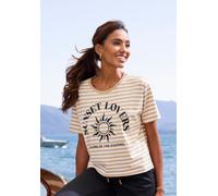 T-Shirt H.I.S, Damen, Gr. 36/38, braun (camelfarben gestreift), Web, Obermaterial: 100% Baumwolle, gestreift, figurumspielend hüftlang, Rundhals, normaler Saum, Shirts T-Shirt, gestreift mit Print, Lo