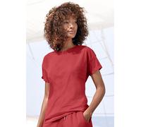 T-Shirt H.I.S, Damen, Gr. 40/42, rot, Interlock, Obermaterial: 95% Baumwolle, 5% Elasthan, unifarben, Basic, bequem hüftlang, Rundhals, normaler Saum, Shirts T-Shirt, mit Ärmelaufschlag, im maritimen 