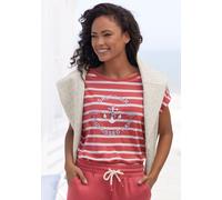 T-Shirt H.I.S, Damen, Gr. 48/50, rot, Sweatware, Obermaterial: 100% Baumwolle, gestreift, Basic hüftlang, Rundhals, angeschnitten elastischer Bund, Shirts T-Shirt, mit kurzen Ärmeln (25114929-48) rot