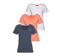 T-Shirt H.I.S "Essential-Basics", Damen, Gr. 40/42, bunt (blau, weiß, koralle), Obermaterial: 100% Baumwolle, bestickt, clean, unifarben, Basic, figurumspielend hüftlang, V-Ausschnitt, Shirts T-Shirt,