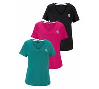 T-Shirt H.I.S "Essential-Basics", Damen, Gr. 40/42, bunt (schwarz, pink, türkis), Single Jersey, Obermaterial: 100% Baumwolle, unifarben, Basic, figurumspielend hüftlang, V-Ausschnitt, Shirts T-Shirt,