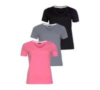 T-Shirt H.I.S "Essential-Basics", Damen, Gr. 44/46, bunt (schwarz, pink, rauchblau), Single Jersey, Obermaterial: 100% Baumwolle, bedruckt, clean, unifarben, Basic, figurumspielend hüftlang, V-Ausschn