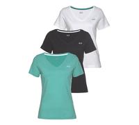 T-Shirt H.I.S "Essential-Basics vielseitig kombinierbar", Damen, Gr. 44/46, blau (sz, w, türkis), Obermaterial: 100% Baumwolle, bestickt, Basic, figurumspielend hüftlang, V-Ausschnitt, Shirts T-Shirt,