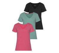 T-Shirt H.I.S "Essential-Basics vielseitig kombinierbar", Damen, Gr. 52/54, bunt (schwarz, mint, rosa), Obermaterial: 100% Baumwolle, bestickt, clean, unifarben, Basic, figurumspielend hüftlang, V-Aus