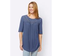 T-Shirt HEINE "Shirt", Damen, Gr. 34, blau (jeansblau), 100% Viskose, Spitze:100% Baumwolle, unifarben, Rundhals, Shirts T-Shirt (77340402-34) jeansblau