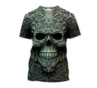 T-Shirt Herren 3D-Druck Kurzarm T Shirts mit Totenkopf Aufdruck Tshirt für Herren Retro Gothic Skull 3D-Buchstaben Trendig Bedrucktes Rundhals-Sweatshirt Oberteile Sport Top